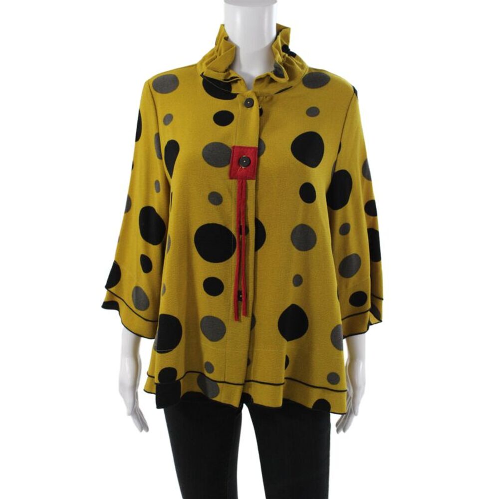 Moonlight Womens Tunic Button-Up Yellow Polka Dot 3/4 Sleeve High Neck Size S